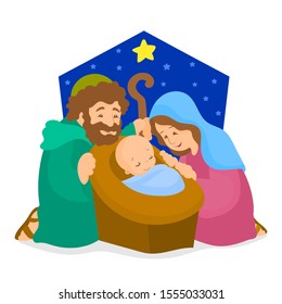 Baby Jesus in the manger, Mary and Joseph.
