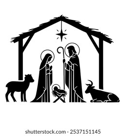 baby Jesus in the manger with Mary and Joseph vector black silhouette Christmas