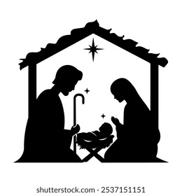 baby Jesus in the manger with Mary and Joseph Christmas vector black silhouette 