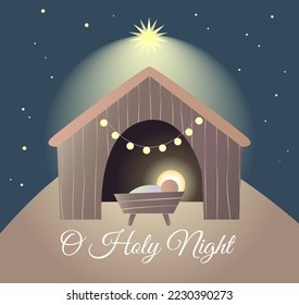 Baby Jesus in the manger. Nativity graphics design with light pastel gradient. Merry Christmas card.
