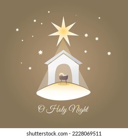 Niño Jesús en el pesebre. Estrella de Belén - cometa oriental. Diseño gráfico de la natividad con gradiente pastel claro. Feliz tarjeta navideña. Ilustración vectorial.