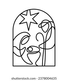 Baby Jesus with Mary and Joseph. Christmas Vector Christian icon religious Nativity Scene of Logo illustration sketch. Doodle hand drawn with black lines isolated on white background