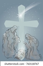 Baby Jesus. Nativity symbolic scene with Mary and Joseph
