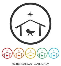 Baby Jesus and star of Bethlehem icon. Set icons in color circle buttons