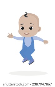 Baby is jumping. Dark eyes, caucasian. Vector flat illustration. Cartoon people design. Suitable for animation, using in web, apps, books, education projects