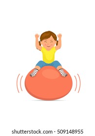 Baby jumping on bouncing ball. Child playing with a ball on a white background. Gymnastics for children and healthy lifestyle. Vector illustration in flat style.