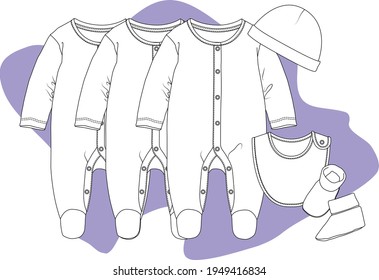 Baby Jumpsuit, Long Sleeve Sleepsuit, Overalls, Hat, Booties, Mittens Set vector sketch. Baby clothes design template.
