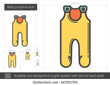 Baby jumpsuit vector line icon isolated on white background. Baby jumpsuit line icon for infographic, website or app. Scalable icon designed on a grid system.