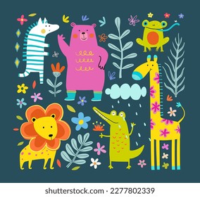 Baby jungle animals isolated collection in Scandinavian style. Colorful hand drawn nature elements collection for kids. Animals for children textile or t shirt print, modern vector design.