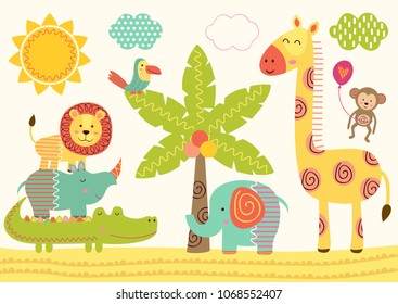 Baby Jungle Animals Near The Palm Tree - Vector Illustration, Eps
