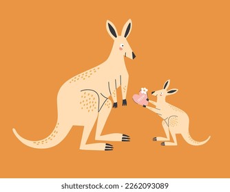 Baby kangaroo gives mom a heart, mother's day vector illustration.