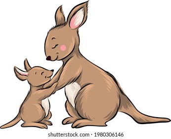 Baby kangaroo hugs with mother. Sweet cartoon vector illustration. Australian animals.