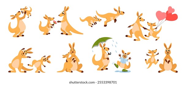 Baby kangaroo with mother. Australian funny wild animals characters. Children kangaroo smiling kissing mom jumping. Motherhood in wildlife classy vector set