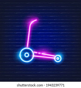 Baby Kick scooter neon icon. Glowing Vector child design sign illustration. Children sport concept.