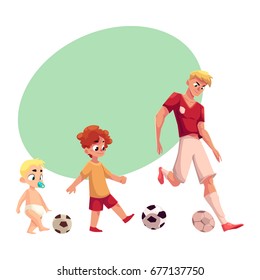 Baby, kid and adult soccer player playing football, sport for all ages, cartoon vector illustration with space for text. Professional soccer player, little boy and baby playing football