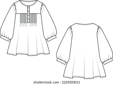 Baby and kid flat technical drawing, CADs for fashion design. Body, dress, blouse, top, trousers vectors AI Illustrator. Kidswear and Babywear clothing illustration.