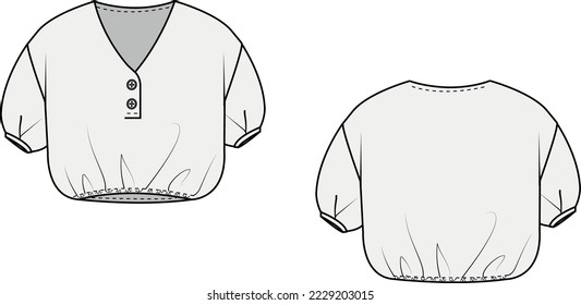Baby and kid flat technical drawing, CADs for fashion design. Body, dress, blouse, top, trousers vectors AI Illustrator. Kidswear and Babywear clothing illustration.