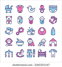 Baby and Kid icon set in colored line style design