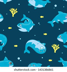 Baby Kid Shark Vector Cartoon Seafish Smiling With Sharp Teeth In Love Illustration Set Of Fishery Characters Expressionof Friend On Happy Birthday Party Children Dance In Water Baby Shark Background