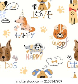 Baby, Kids, Children seamless pattern with handmade dogs. Fashionable scandalous vector background. Ideal for children's clothing, fabrics, textiles, baby decorations, wrapping paper