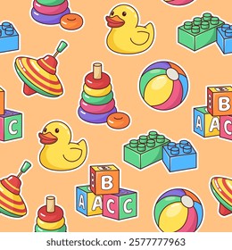 Baby, kids, children toys seamless pattern, background. Simple cartoon style play illustrations