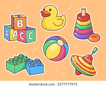 Baby, kids, children toys. Set of simple cartoon style play illustration.