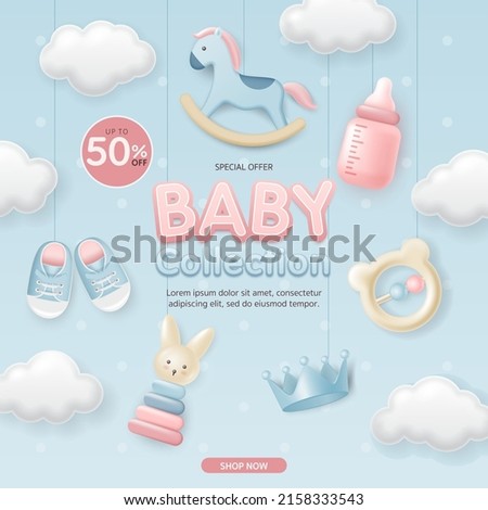 Baby and kids clothes and toys sale discount on blue background for the online shopping banner template, sales promotion, clearance store, social media, shop, promotion, poster, fair and expo. Vector