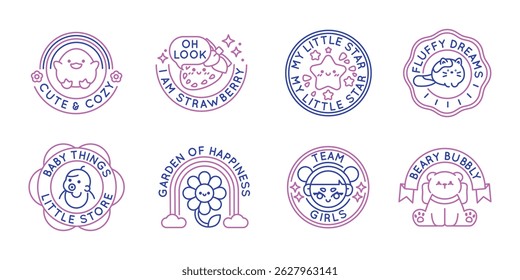 Bebê e crianças emblemas set. Bonito e Aconchegante, Eu Sou Morango, Sonhos Fluffy, Jardim da Felicidade, logotipos Beary Bubbly isolados no fundo branco. Ilustração vetorial.