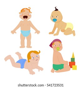 Baby kids emotions character vector. Adorable infant childbirth. Cute newborn playing. Funny child illustration isolated on white.