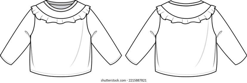 Baby Kids frill yoke long sleeve top vector cad technical drawing