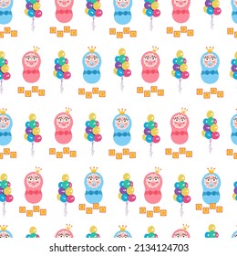baby, kids, newborn with balloons seamless pattern, girl or boy. Vector Illustration for printing, backgrounds, covers, packaging, greeting cards, posters, stickers, textile and seasonal design.