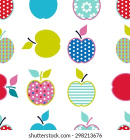 Baby and kids pattern with apples, vector cute background, geometric seamless fabric, wrapping paper, fashion trendy fabric, simple ornament template, layout design for boys and girls