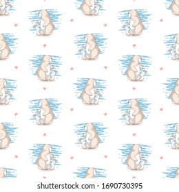 Baby kids pattern with cute rabbit and bear on white backdrop
