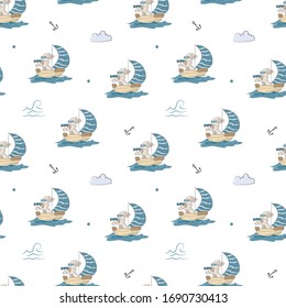 Baby kids pattern of cute rabbit on a boat 