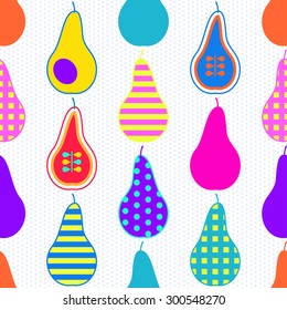 Baby and kids pattern with pears, vector cute background, geometric seamless fabric, wrapping paper, fashion trendy fabric, simple ornament template, layout design for boys and girls