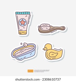 Baby and Kids Sticker Doodle Icon Set. Bathtub, Lotion, Rubber Duck, Comb. Baby Care Items Vector Illustration