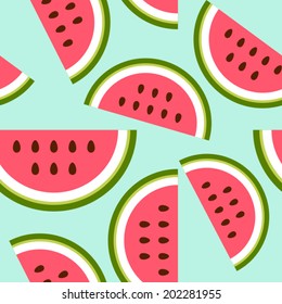 Baby and kids style abstract geometric background, cute seamless pattern with watermelon, wrapping paper, 50s, 60s, 70s fashion trendy fabric, simple ornament, template, layout for design