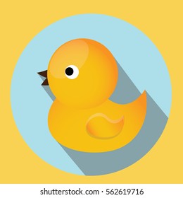 Baby, kids toy. Classic yellow rubber duck for bath. Vector icon with long shadow. Children toy symbol. Design element for mobile applications, shops, interface