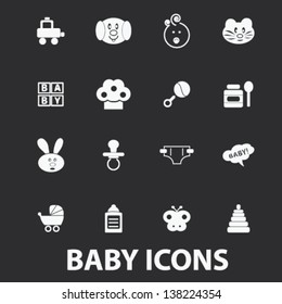 baby, kindergarten, nursery, kids, child: white isolated icons, signs on black background for design template, vector set