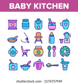 Baby Kitchen Collection Elements Icons Set Vector Thin Line. Feeding Chair And Bib, Cup And Bowl With Spoon For Baby Eating Equipment Concept Linear Pictograms. Color Illustrations