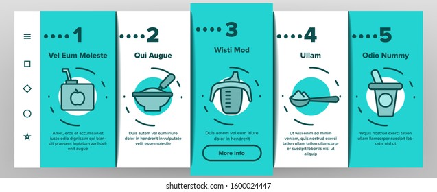 Baby Kitchen Onboarding Mobile App Page Screen Vector. Feeding Chair And Bib, Cup And Bowl With Spoon For Baby Eating Equipment Illustrations