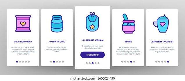 Baby Kitchen Onboarding Mobile App Page Screen Vector. Feeding Chair And Bib, Cup And Bowl With Spoon For Baby Eating Equipment Illustrations