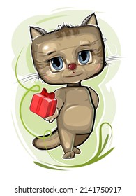 Baby Kitten carries a gift to a friend. Red box with ribbon and bow. Summer meadow with flowers. Childrens illustration. Happy kid Cat animal. Cartoon style. Isolated on white background. Vector.