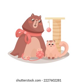 Baby kitten and cat mom cartoon illustration. Cute little animals playing games, having fun with parents isolated on white background. Pet, friendship, greeting concept