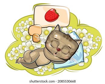 Baby Kitten. Meadow and ripe strawberry are dreaming. Childrens illustration. Chamomile. The baby animal fell asleep. Cartoon style landscape. Isolated on white background. Vector