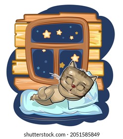 Baby Kitten sleeps in bed. Dreaming Near the window and wall. Night and stars. Childrens illustration. Nice baby animal fell asleep. Cartoon style picture. Isolated on white background. Vector.