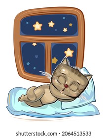 Baby Kitten sleeps in bed. Dreaming Near the window. Night and stars. Childrens illustration. Nice baby animal fell asleep. Cartoon style picture. Isolated on white background. Vector.