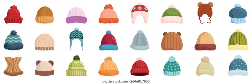  Baby knitted hat icons set. Warm winter hats collection providing comfort and style during cold weather