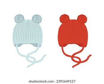 Baby knitted hats in blue and red colors. Flat illustration of children clothes, warm hat with bear ears. Cute fashion headwear for kids, newborn child, toddler, little boy or girl. Isolated vector