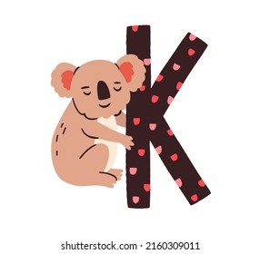 Baby koala bear hugging letter K of childish English alphabet in Scandinavian style. Cute kids animal for fun language learning. Childrens flat vector illustration isolated on white background